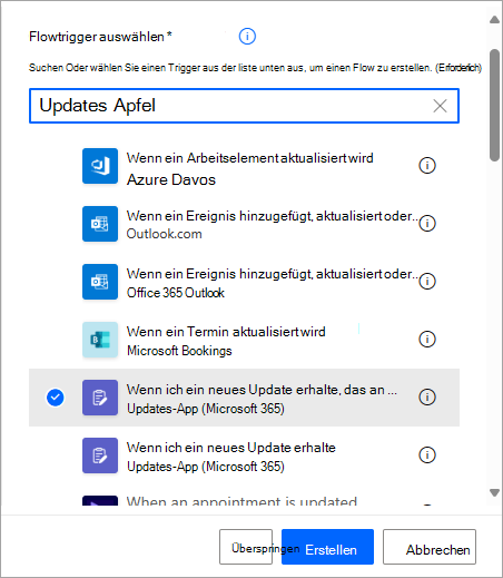 Einrichten eines Flows zum Empfangen von E-Mails für Updateübermittlungen