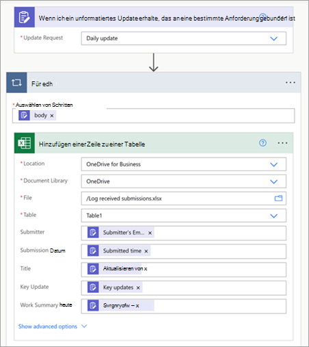Einrichten eines Flows zum Synchronisieren von Updateübermittlungen mit einer Excel-Datei