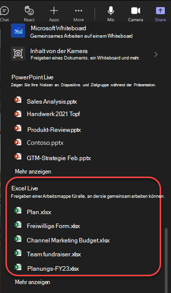 Screenshot der Freigabeoptionen mit Excel-Dateien in der Teams-Besprechung.
