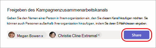 Screenshot: Freigeben eines Kanals für interne und externe Personen