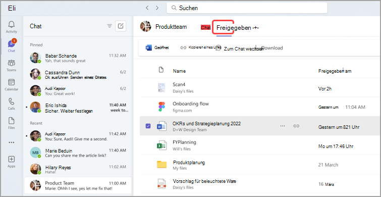 Ein Arbeitsplatz-Chatfenster mit aktuellen Nachrichten, freigegebenen Dateien und deren Details, einschließlich Namen, Beschreibungen und Zeitstempeln.