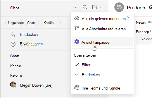 Screenshot zur Möglichkeit zum Anpassen der Ansicht in der einfachen Zusammenarbeit