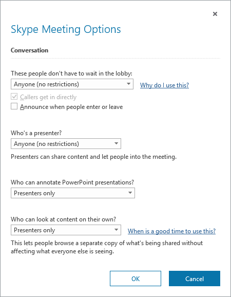 Dialogfeld für Skype for Business-Besprechungsoptionen