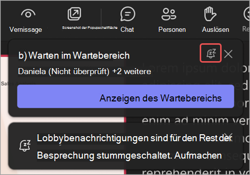 Screenshot einer Wartebereichsbenachrichtigung mit hervorgehobenem Symbol 