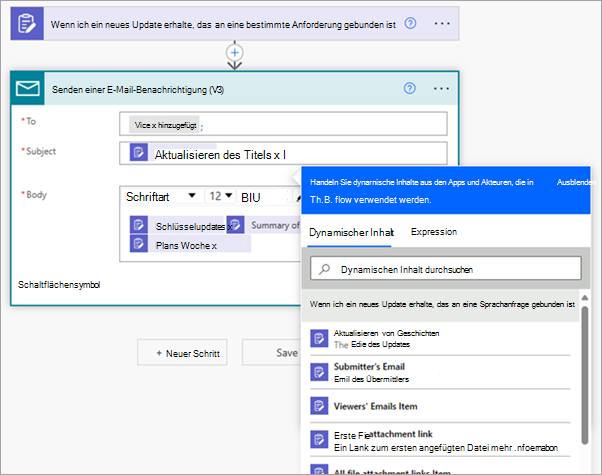 Angeben von E-Mail-Details im Flow mithilfe von dynamischem Inhalt