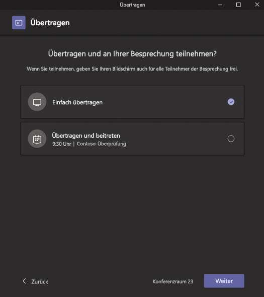 Ein Popupfenster, in dem Sie auswählen können, ob Sie nur etwas übertragen möchten oder die Übertragung starten und an einer Besprechung teilnehmen möchten.