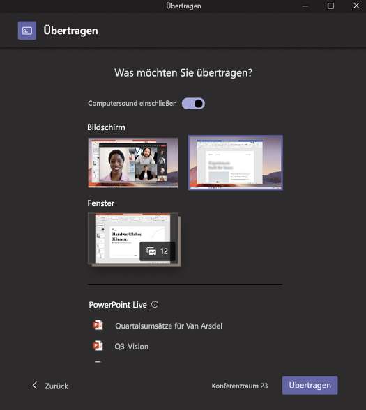 Ein Popupfenster mit der Frage Was möchten Sie umwandeln? Mit Optionen zum Freigeben Ihres Bildschirms, eines Fensters oder einer bestimmten Datei.