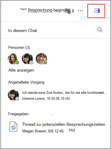 Screenshot: Anzeigen eines Chat-Infobereichs mit einer Liste von 3 Personen, einer angehefteten Nachricht und einem freigegebenen Dokument