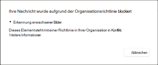 In einer Dialogmeldung wird erläutert, warum eine Nachricht gelöscht wurde, da sie nicht jugendfreie Inhalte enthält.