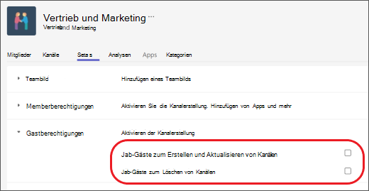 Festlegen von Gastberechtigungen in Teams.