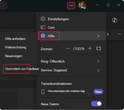 So gelangen Sie zum Hilfemenü in Teams.