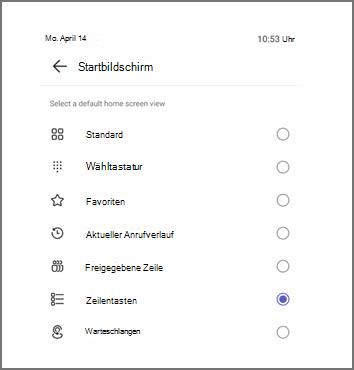 Menü zum Auswählen der Standardansicht des Startbildschirms, wobei gerade Zeilentasten ausgewählt sind.