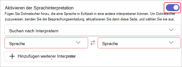 Screenshot mit den Einstellungen für die Sprachinterpretation in den Besprechungsoptionen.