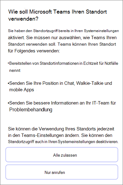 Teams; Zustimmung zur Standorterkennung mobiler Geräte