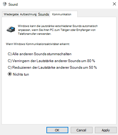 Die Registerkarte Kommunikation des Sound-Systemsteuerung verfügt über vier Möglichkeiten, wie Windows Sounds verarbeiten kann, wenn Sie Ihren PC für Anrufe oder Besprechungen verwenden. Nichts tun ist ausgewählt.