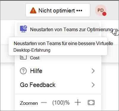Screenshot einer Warnmeldung am oberen Rand von Teams, die besagt, dass die VDI nicht optimiert ist