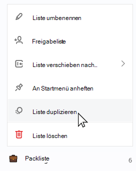 Packliste ausgewählt mit geöffneter Kontextliste und ausgewählter Liste duplizieren