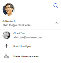 Screenshot mit der Option zum Wechseln des Kontos, Hinzufügen eines Kontos oder Verwalten meiner Konten