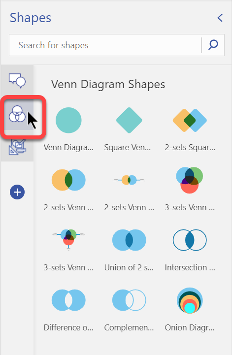 Das Shapes-Bedienfeld verfügt über mehrere Variationen von Shapes, die Sie in Ihrem Venn-Diagramm verwenden können.