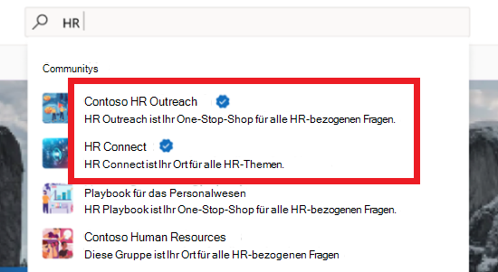 Abbildung der Suchergebnisse mit einer Mischung aus offiziellen und inoffiziellen Gemeinschaften