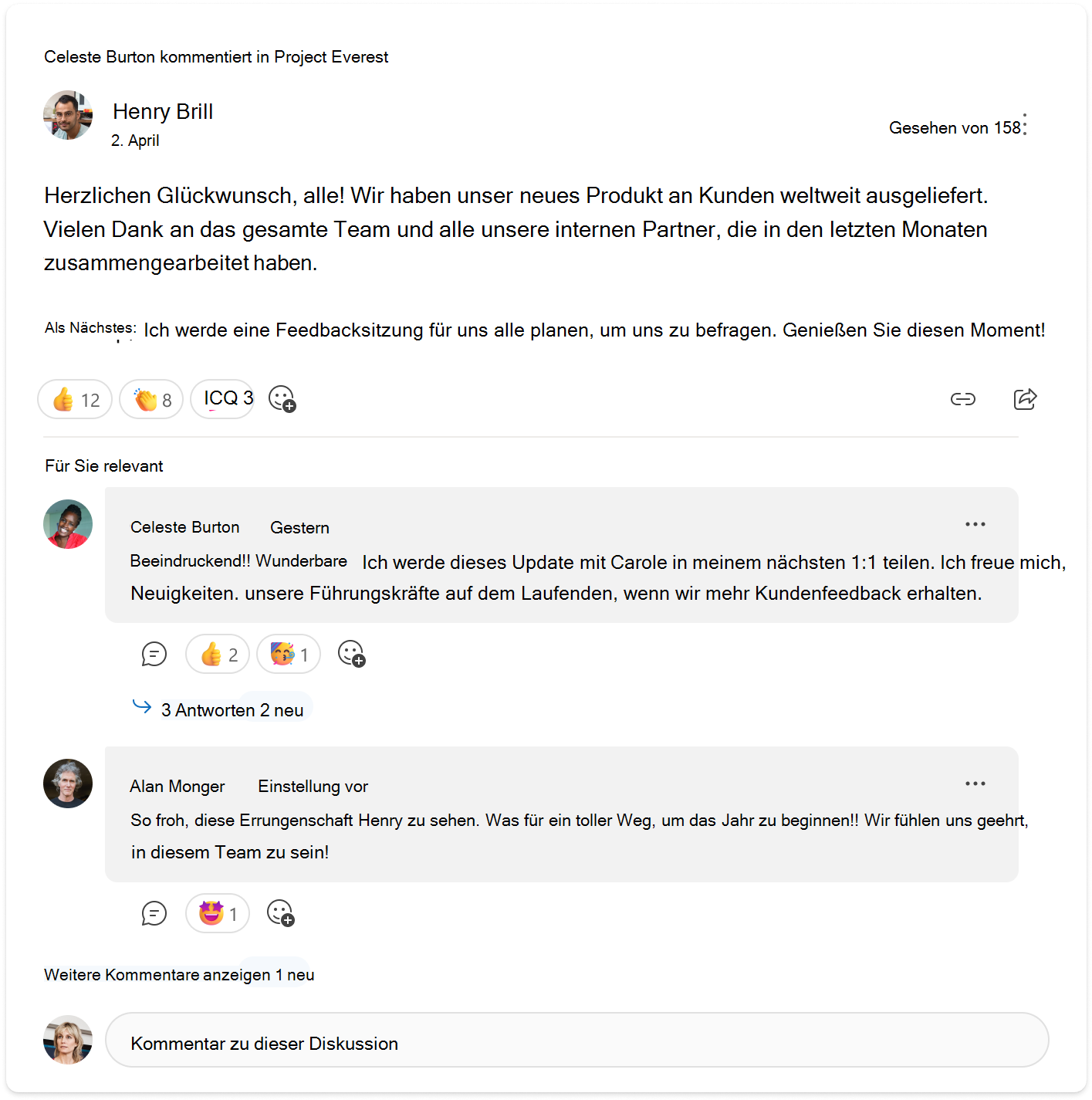 Eine Unterhaltung mit der für Sie relevanten Ansicht von zwei Kommentaren im Engage Konversations-Karte.