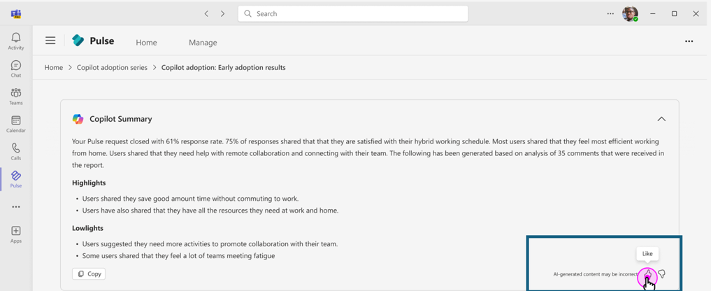 Screenshot: Benutzer können feedback zu der mit Copilot generierten Berichtszusammenfassung übermitteln