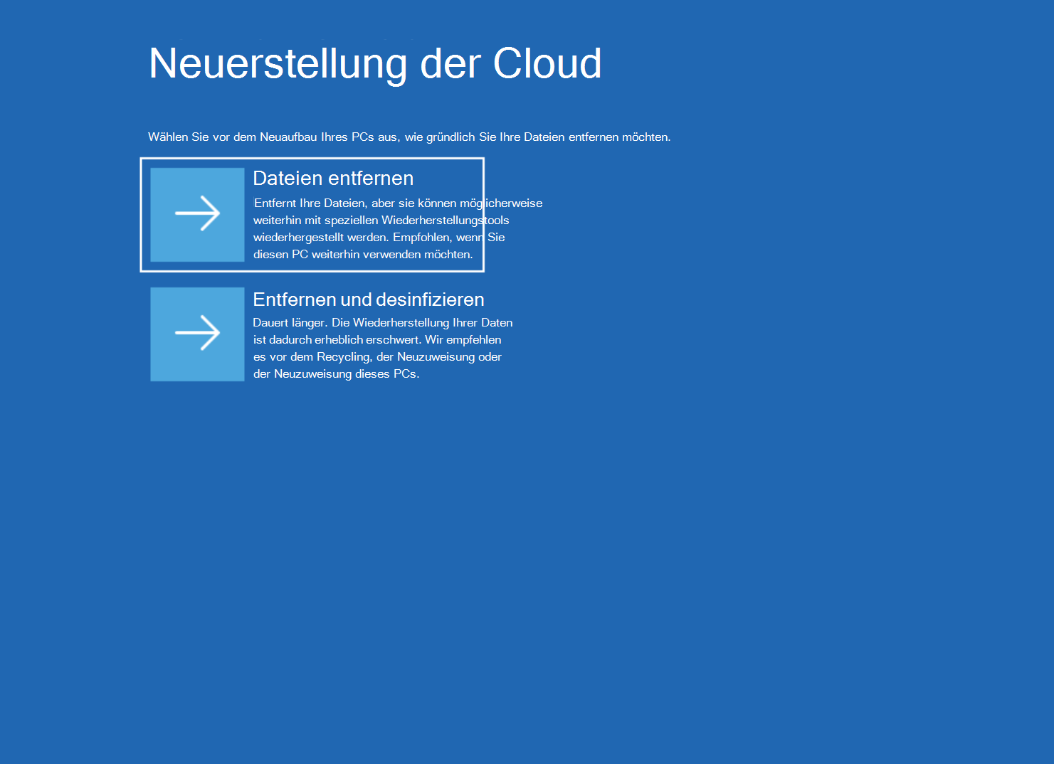 Screenshot des Cloud-Neuaufbaubildschirms mit den Optionen 