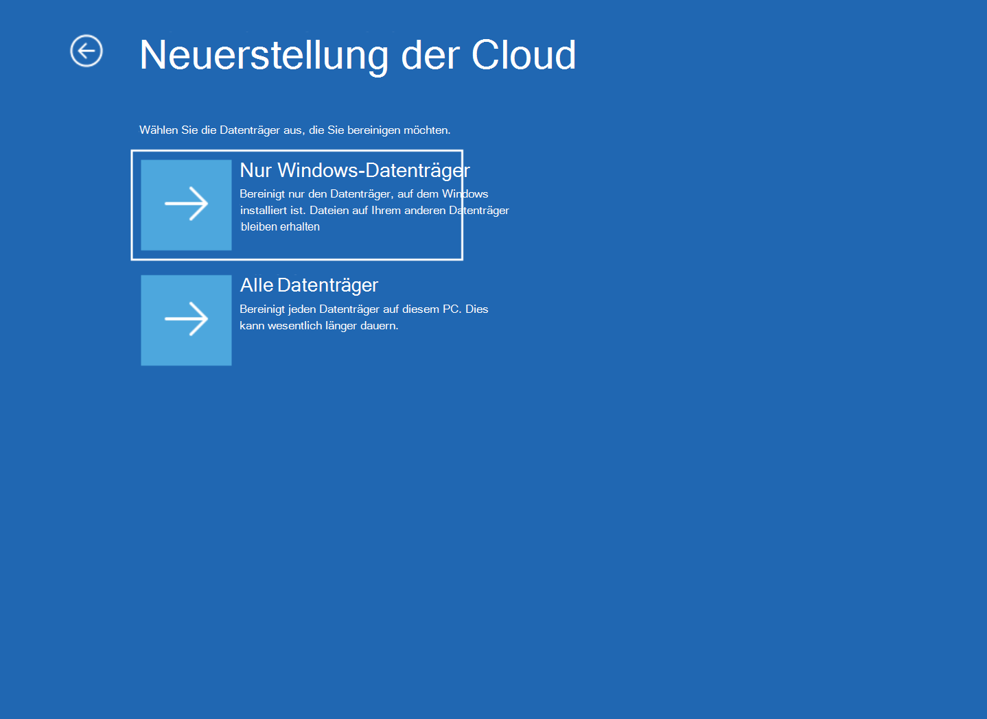 Screenshot des Cloud-Neuerstellungsbildschirms mit den Optionen 