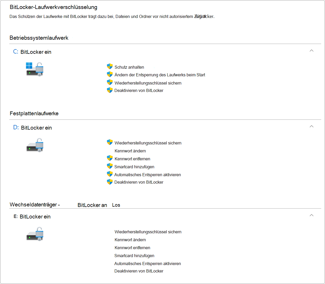 Screenshot der BitLocker-Laufwerkverschlüsselung in Systemsteuerung.
