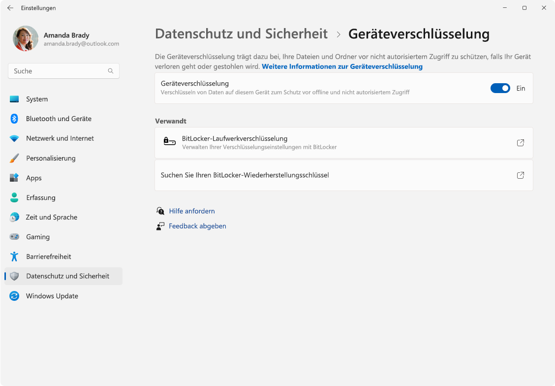 Screenshot: Einstellungen – Geräteverschlüsselung.