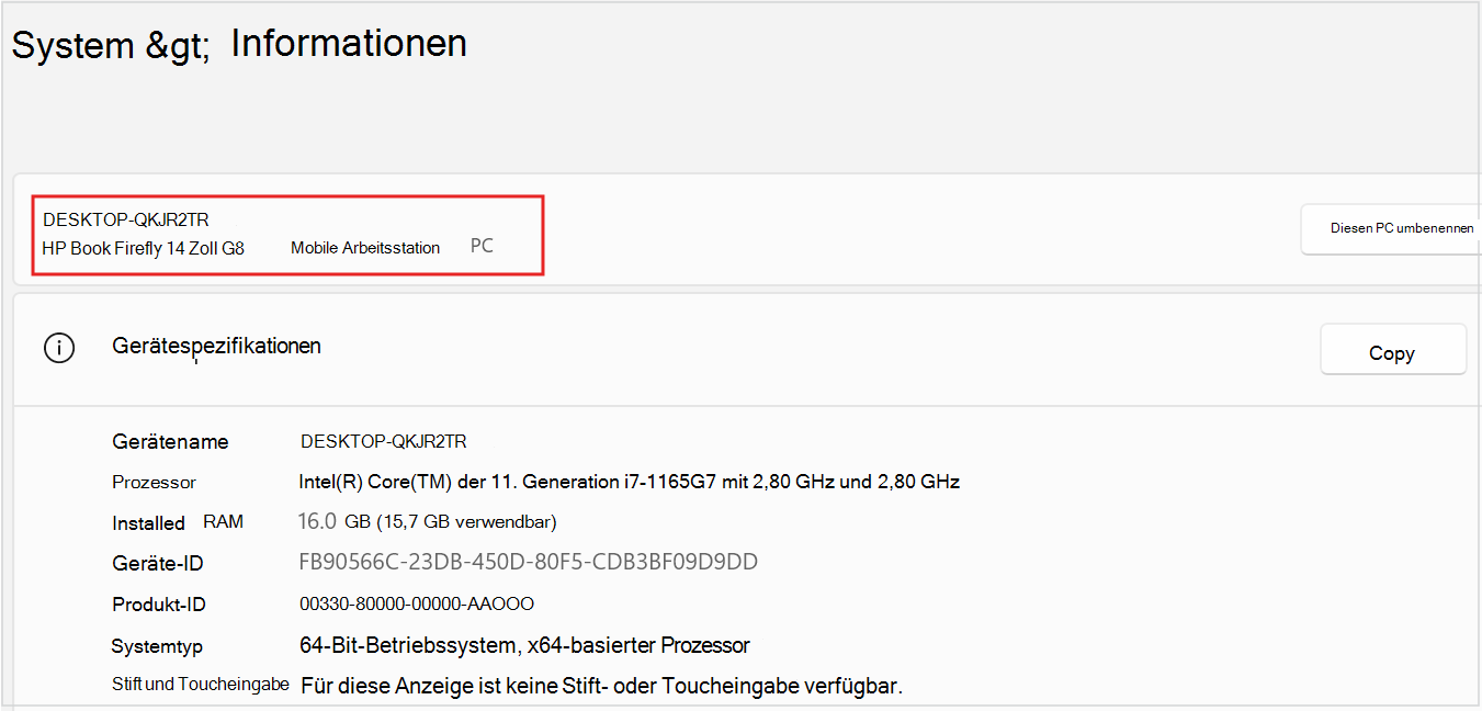 Screenshot: Name und Modell des PCs-Geräts