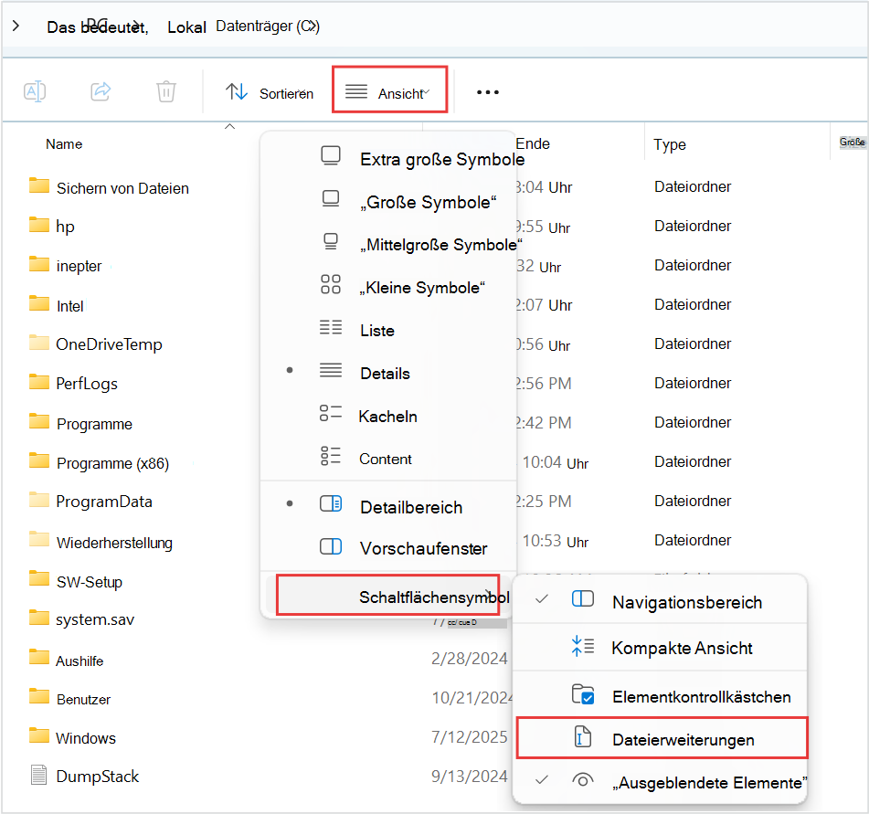 Screenshot: Speicherort der Dateinamenerweiterung