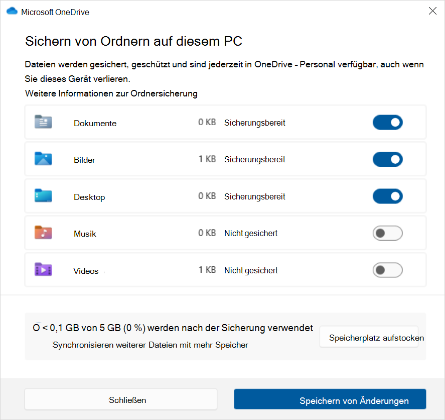 Screenshot: OneDrive-Sicherung in Windows 10.