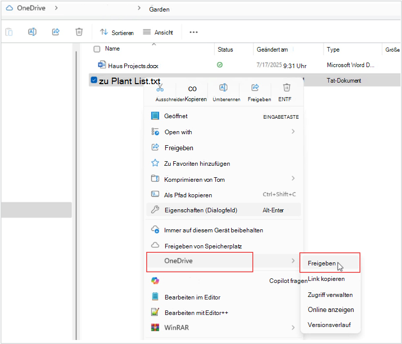 Screenshot von OneDrive FileSharing