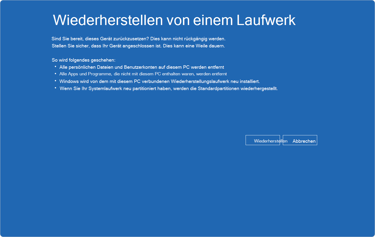 Screenshot von Windows RE mit der Bestätigung der Wiederherstellung von einem Laufwerk