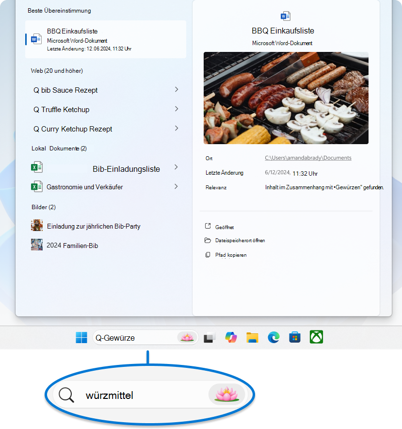 Screenshot des Suchabschnitts auf der Taskleiste.