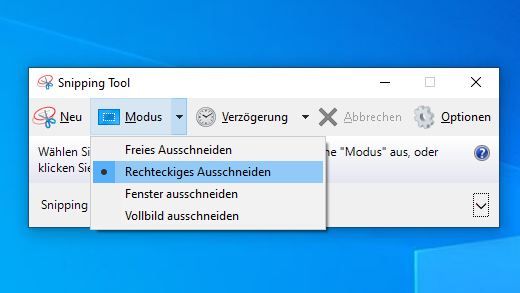 Optionen für den Snipping-Toolmodus