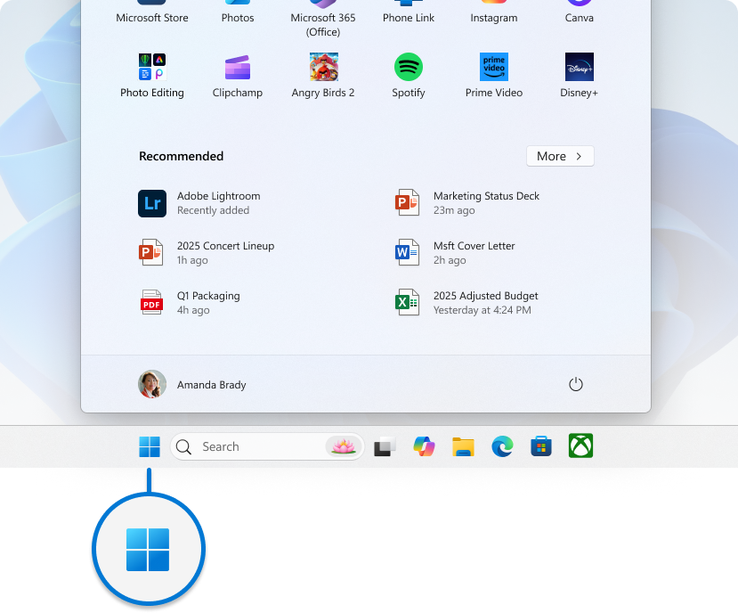 Screenshot des erweiterten Startmenüs mit Hervorhebung der Schaltfläche auf der Taskleiste.