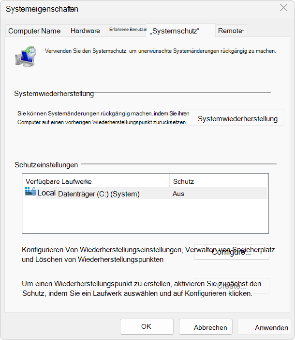 Screenshot der Systemschutzeinstellungen.