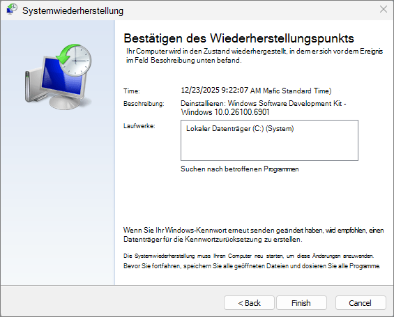 Screenshot der Systemwiederherstellung.