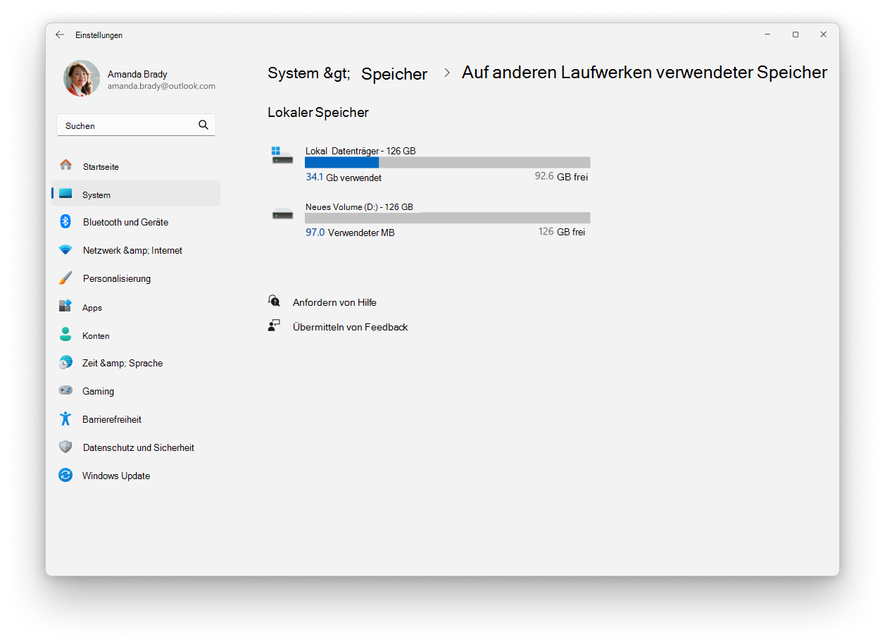 Screenshot: Einstellungen – System – Speicher.