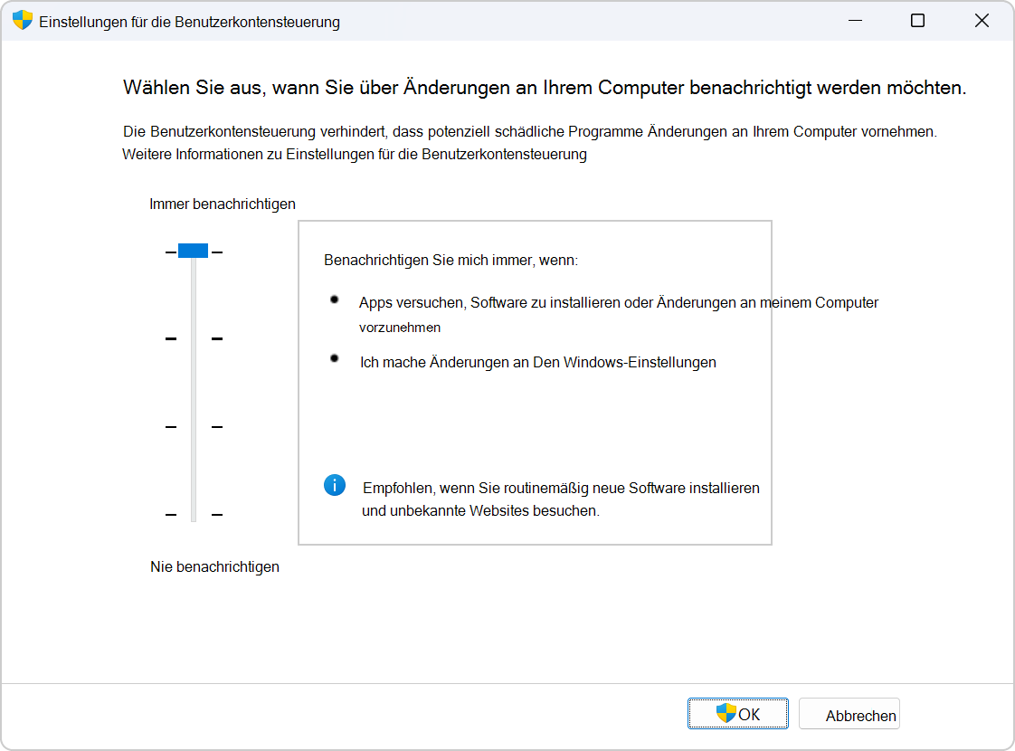 Screenshot of the settings to configure UAC.