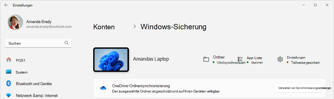 Screenshot der Einstellungen mit dem windows-sicherungs-status.