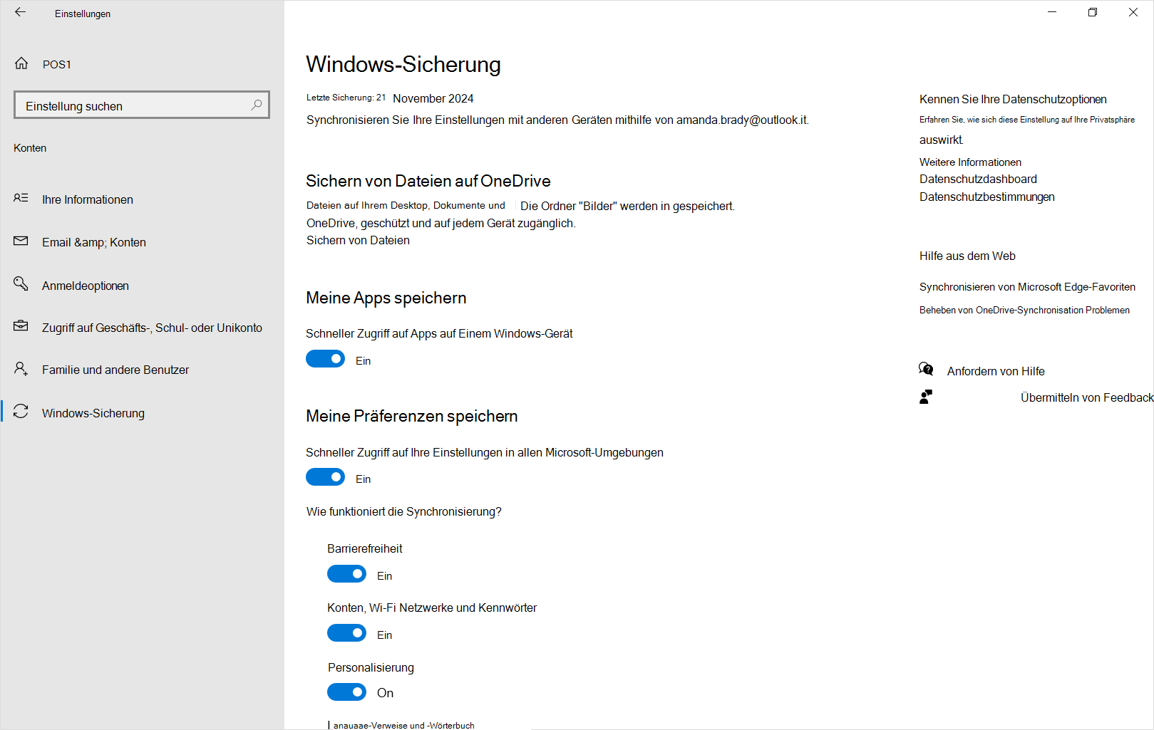 Screenshot: Einstellungen Windows-Sicherung in Windows 10.