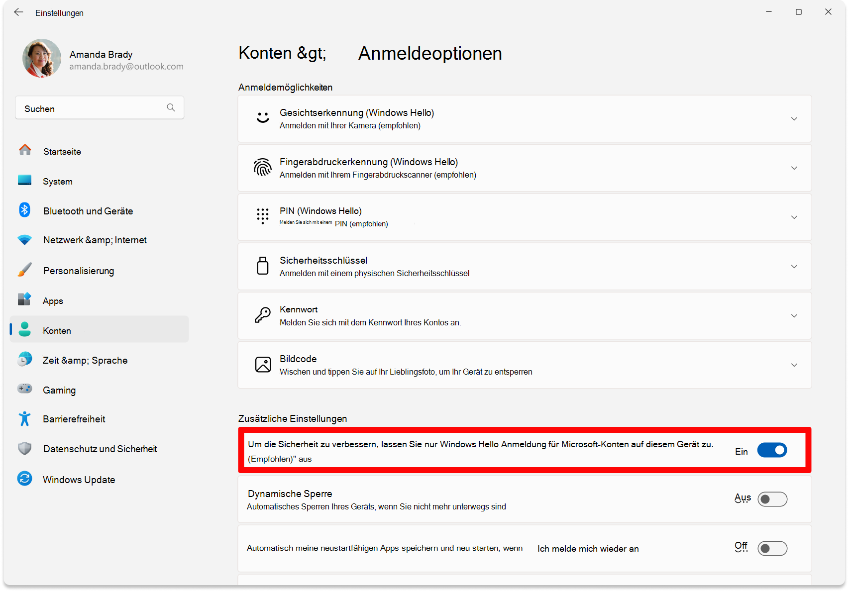 Screenshot of Settings - toggle to configure passwordless turned on.