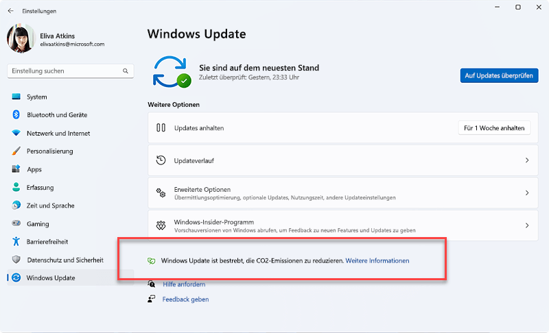 Die in Windows Update angezeigte Meldung, wenn die Installation von Updates im Hintergrund priorisiert wird, könnte zu niedrigeren CO2-Emissionen führen, da ein höherer Anteil der Elektrizität aus kohlenstoffarmen Quellen im Stromnetz stammt.