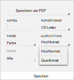 Android-Druckeinstellungen mit geöffnetem Orientierungsmenü