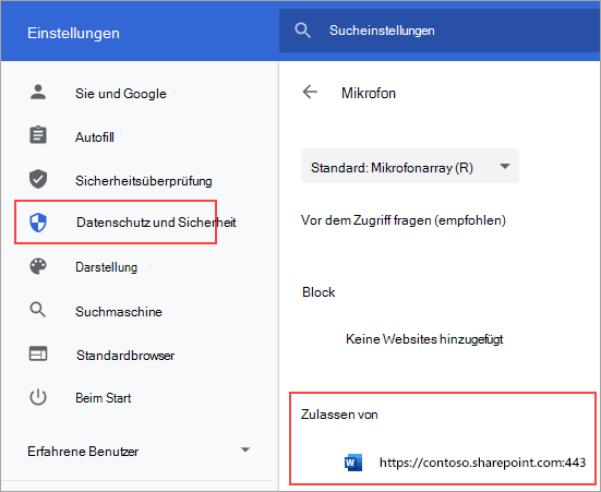 Einstellungsseite für Mikrofonberechtigungen für Chrome