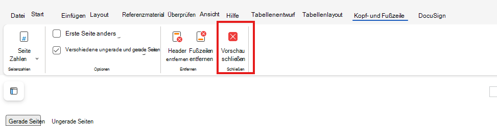 Schließen der Kopf- und Fußzeilenvorschau im Web
