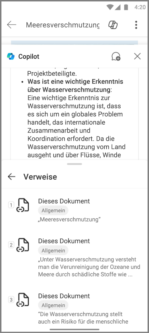 Screenshot von Copilot in Word auf einem Android-Gerät mit Verweisen auf die Antwort von Copilots
